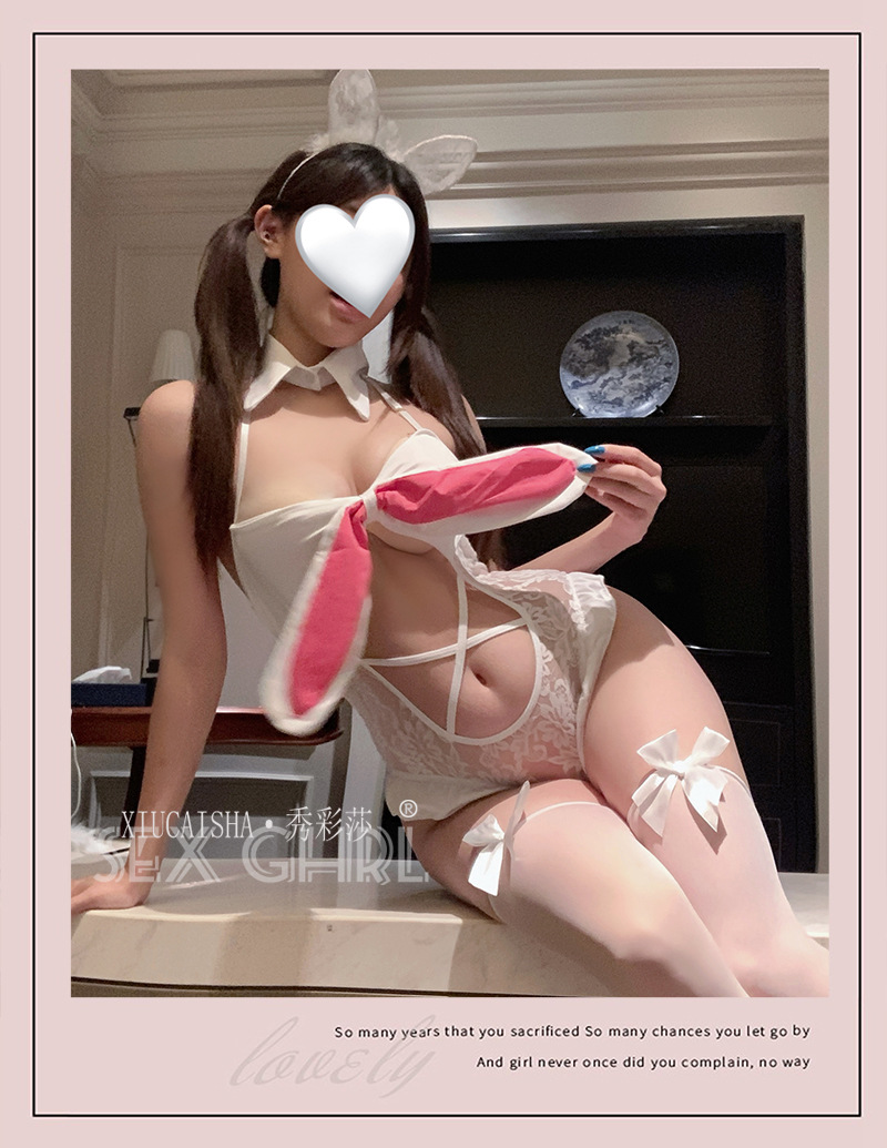Bunny Girl Costume Jumpsuit with Open Crotch Design and Black Bow Stockings — detail image 8