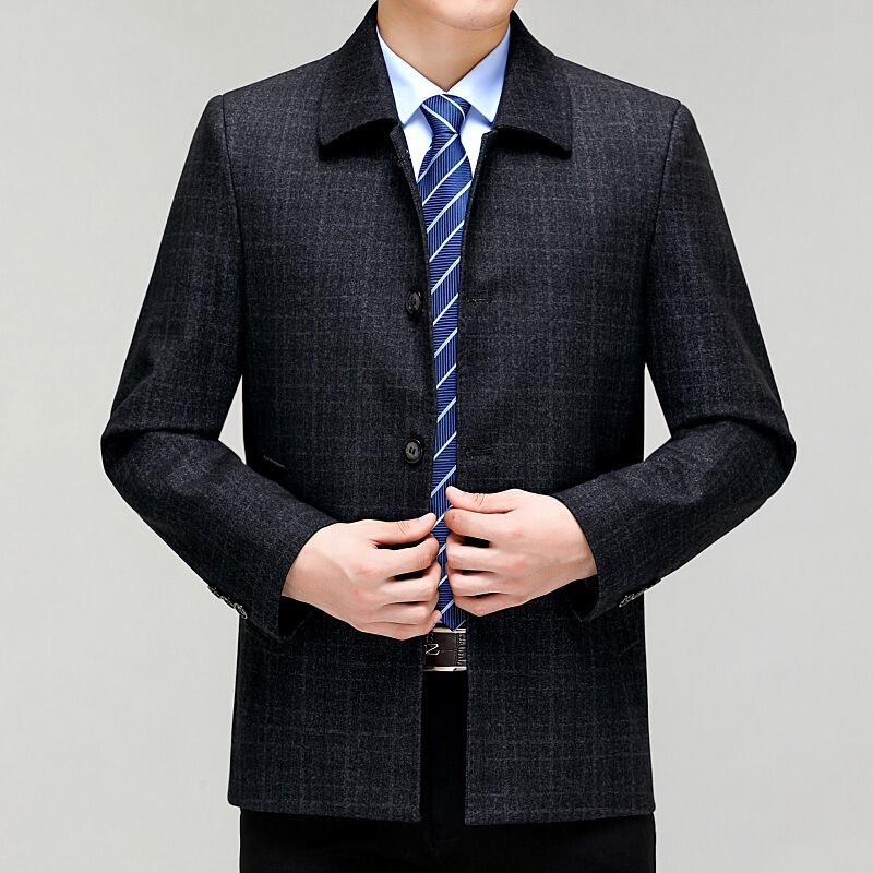 High-End Wool Jacket Men's Light Luxury Designer Turn-Down Collar Thick Coat for Middle-Aged and Elderly Dads with Button Closure