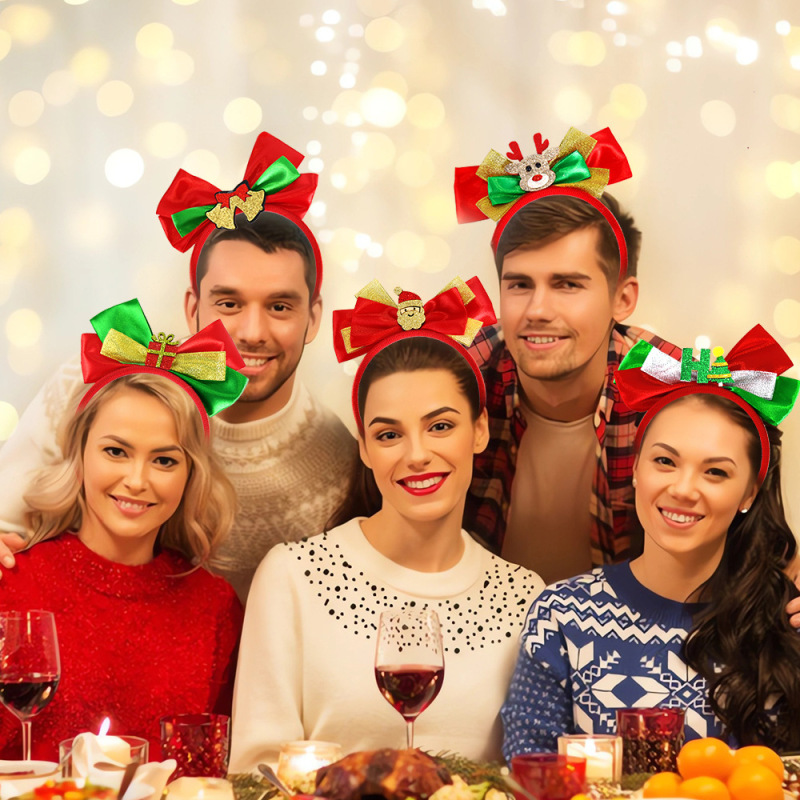 国境を越えたクリスマス装飾カチューシャクリスマスパーティーヘラジカ鈴サンタクロースカチューシャ赤緑蝶結び頭飾り|undefined