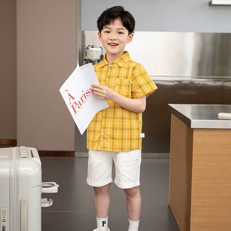 Рубашка с короткими рукавами для мальчиков, летняя детская одежда, 2023, детская клетчатая рубашка, Детский Повседневный Топ с лацканами, детская одежда в Корейском стиле, летняя