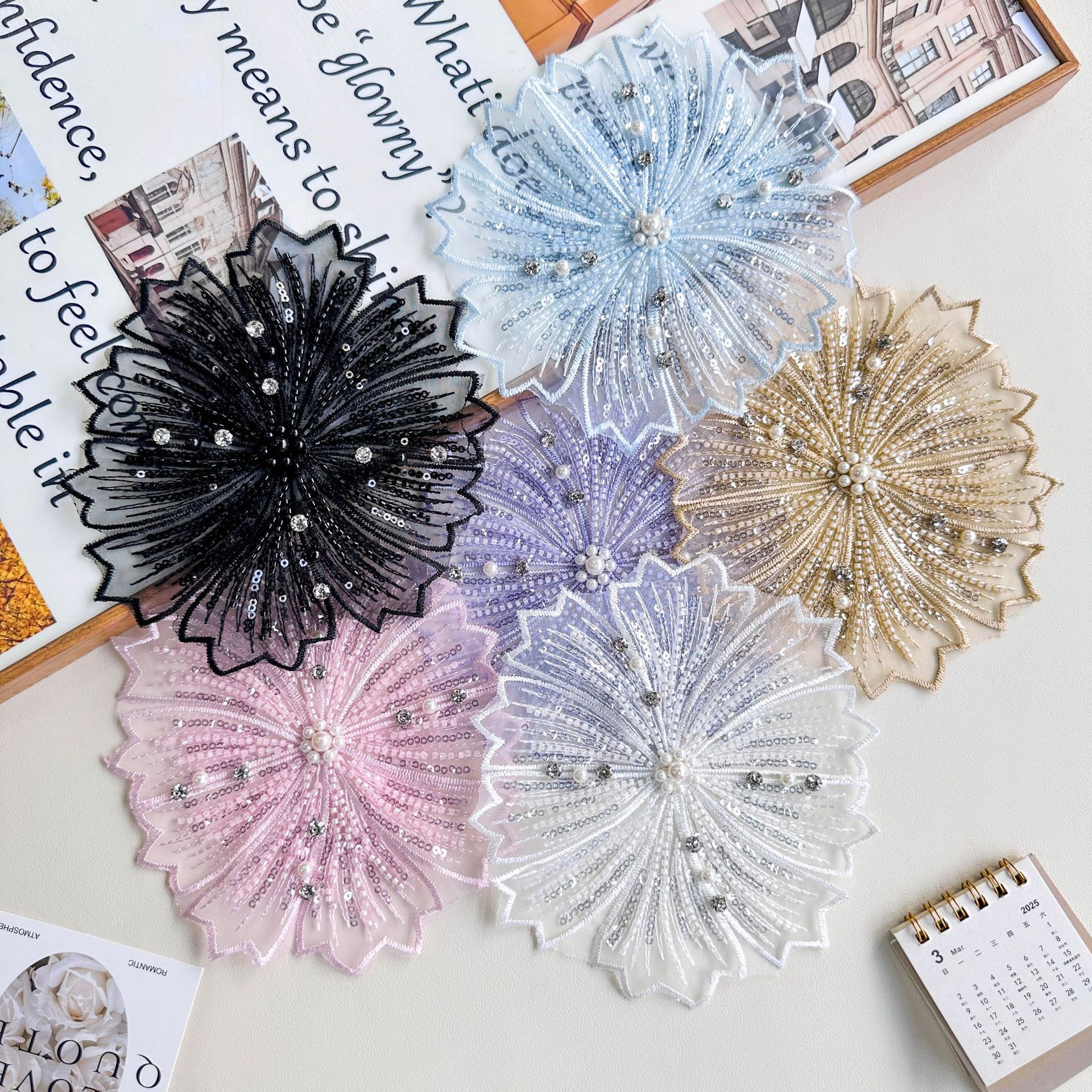 Lentejuelas multicolores, malla de perlas de arroz, pegatinas de tela bordadas, accesorios para el cabello de mujer, sombreros, accesorios a juego, decoración de vestidos de flores
