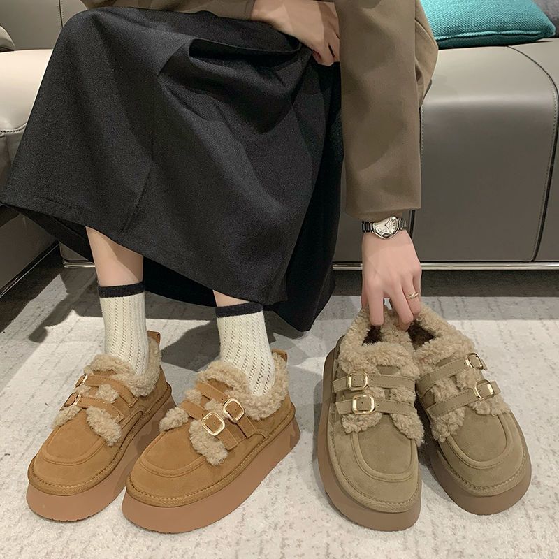 Zapatos de algodón de invierno para mujeres 2024 nueva moda perezosa con un pedazo de algodón de nieve retro botones de lana
