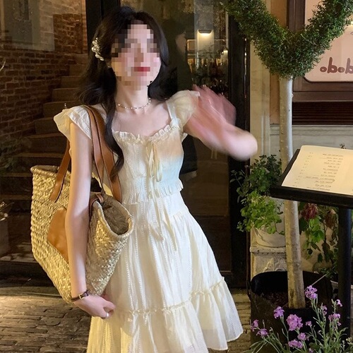 Summer Sweet and Spicy, Light Mature Style, Sweet, Youthful, Solid Color, Waist Cinching, Hong Kong Style Chic, Elegant Dress, Japanese Student Short Skirt