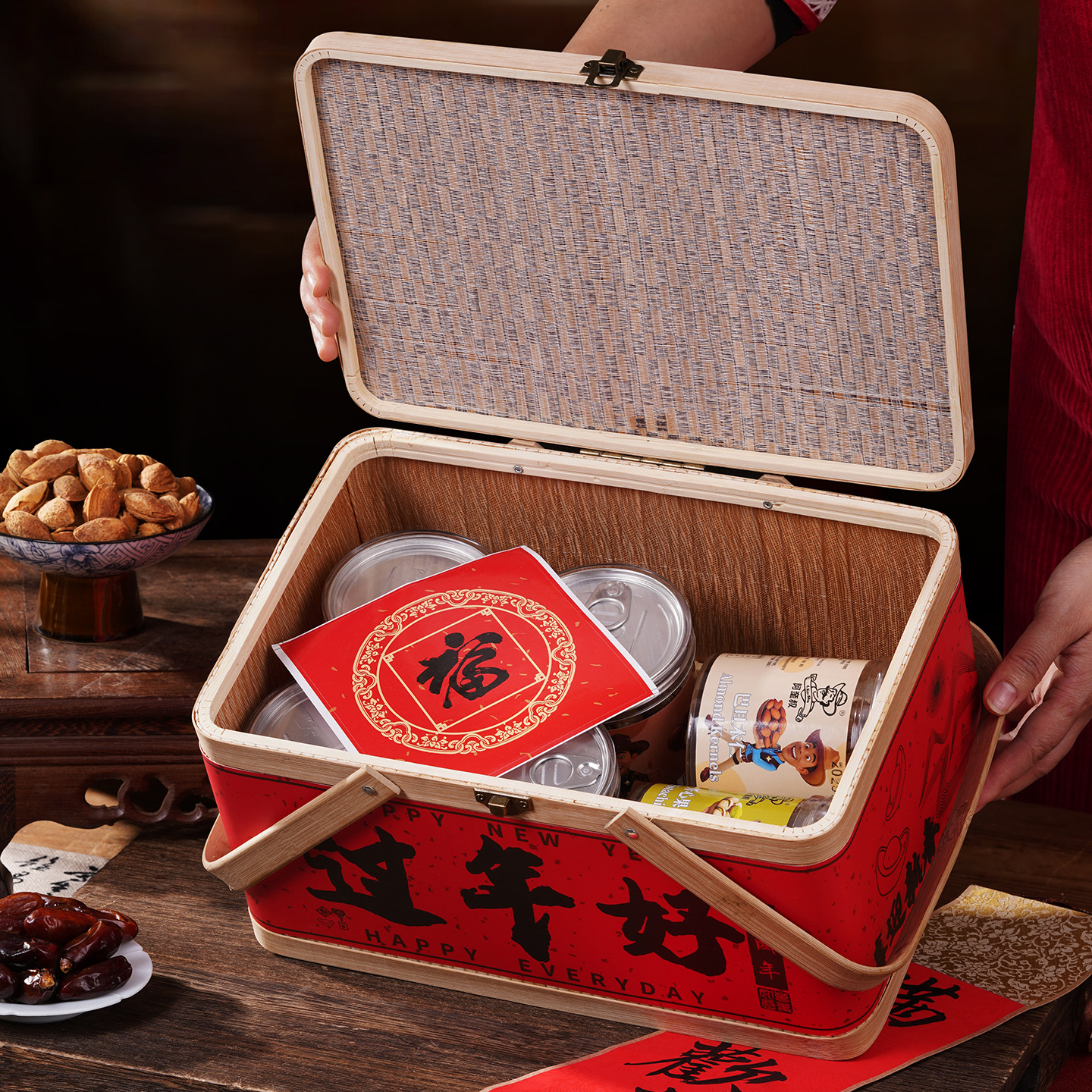 竹編み包装竹かご、春節、正月用品、ギフトボックス、竹箱、正月の珍味や果物の収納、持ち運び可能な竹かご