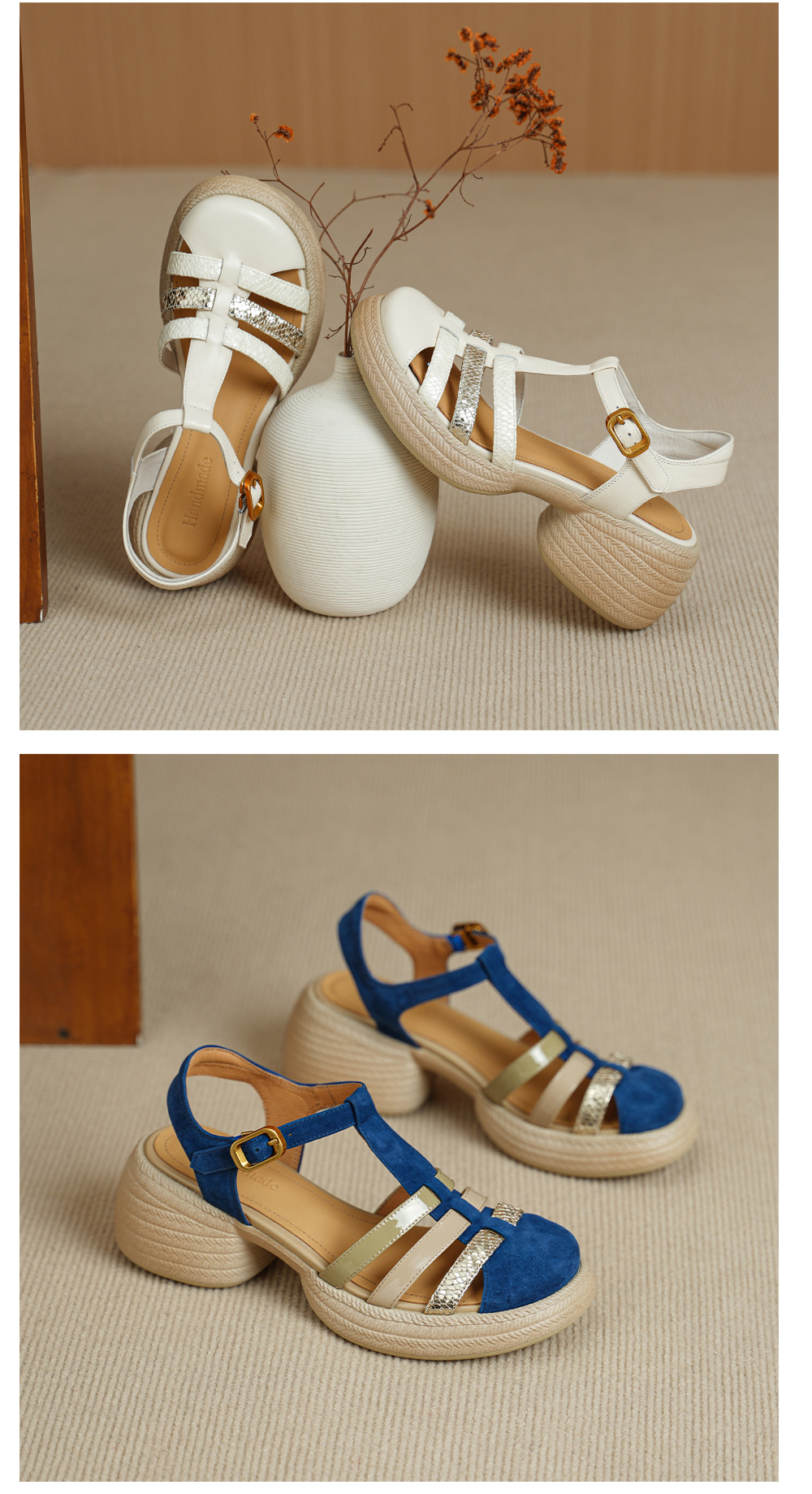 Sandal nữ quai chữ T đan dây đế dày gót thô 6.5cm phong cách La Mã — Màu xanh da trời chi tiết 12