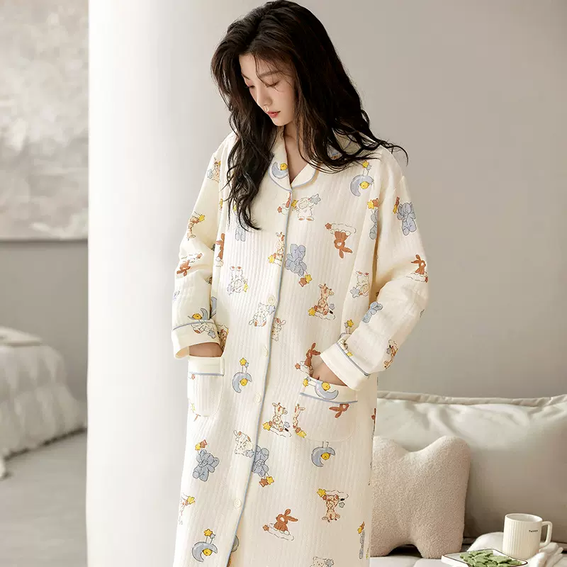 7A抗菌纯棉月子服秋冬季产后哺乳睡裙加厚保暖孕妇套装宝妈待产裙