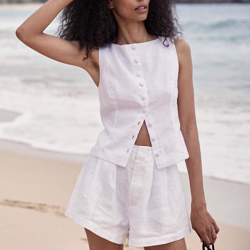 [Special Offer] Niche 2026 Summer New Solid Color High-Waisted Shorts Sleeveless Round Neck Front Button Vest Top for Women