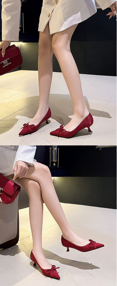Giày cưới nữ mũi nhọn gót vừa thắt nơ chất liệu lụa — màu đen, màu đỏ, quả mơ chi tiết 7