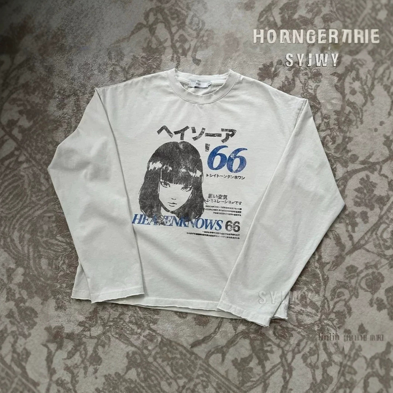 Cross-border foreign trade independent site pure cotton long-sleeve American-style trendy brand anime regular shoulder sleeve women's t-shirt, new niche design