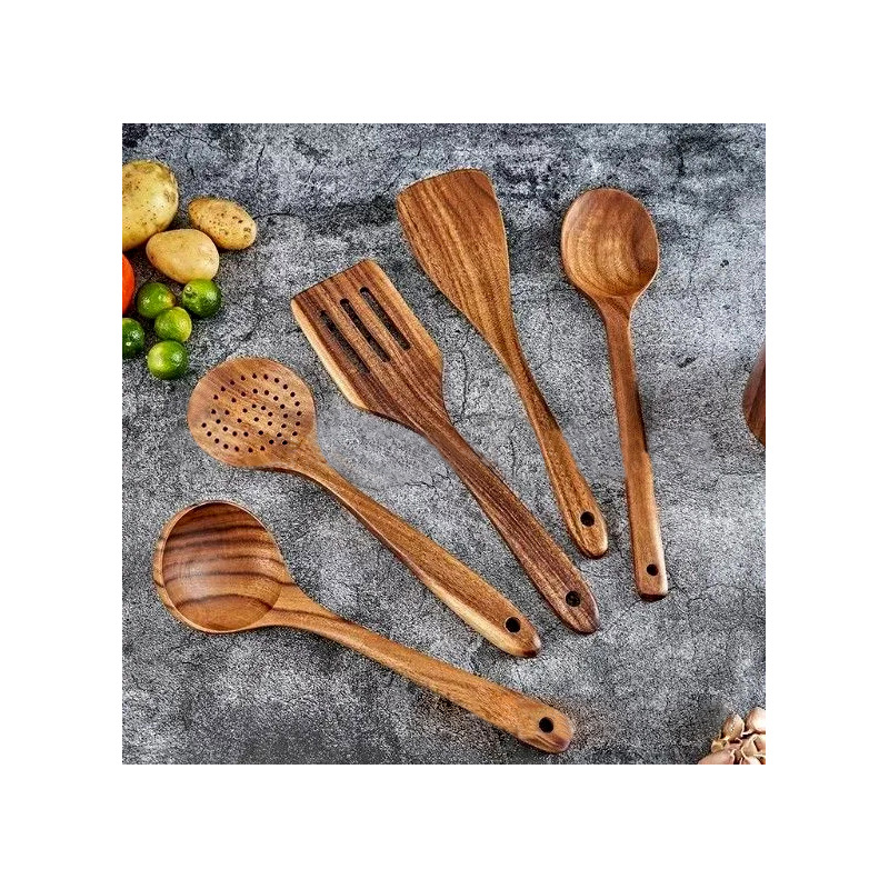 Set de madera de teca horquilla de madera sólida horquilla antiadherente horquilla de madera de acacia cocina utensilios de cocina de mango largo horquilla de verduras pala de cocina conjunto de varias piezas