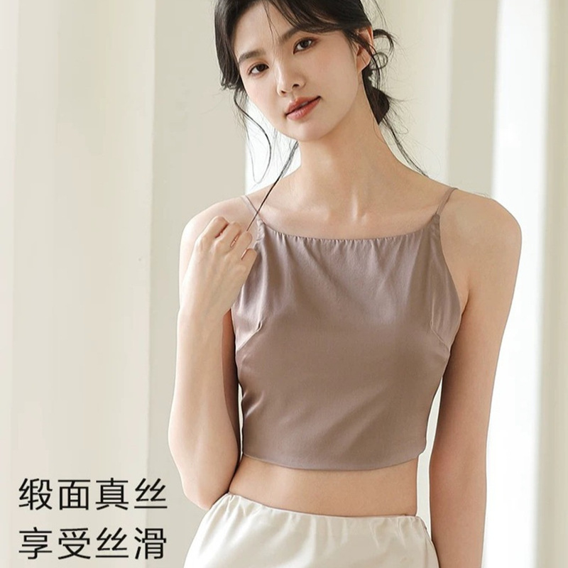 Silk Strapless Camisole with Chest Pad, Silk Beauty Back Anti-Exposure Underwear Vest for Women Summer