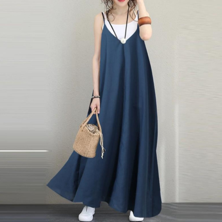4 Color Women Casual Loose Solid Dress V-neck Backless Sexy Long Dress Sleeveless Women Party Gown