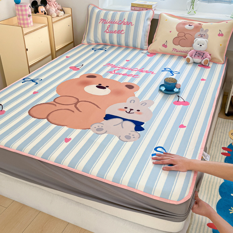 Sombrilla de cama de seda de hielo de verano, cubierta protectora de colchón para niños todo incluido, dormitorio, cubierta de cama individual, juego de tres piezas