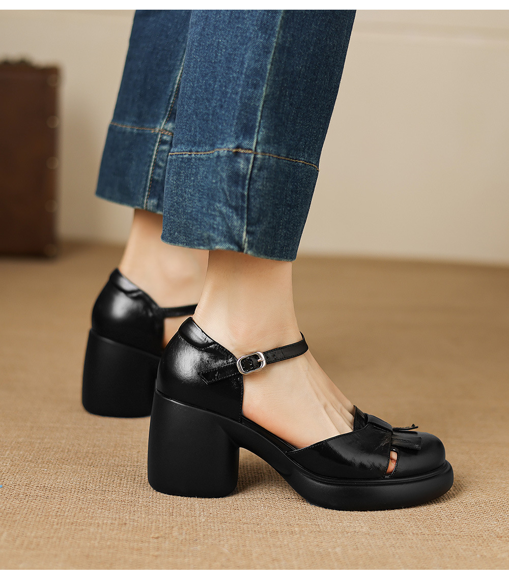 Sandal cao gót nữ mũi hở quai ngang gót vuông 7 cm — màu nâu chi tiết 19