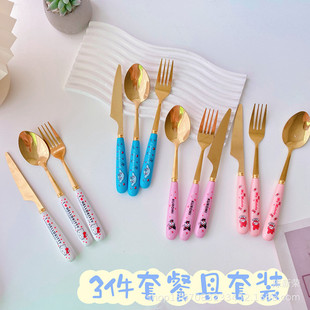 Japanese cartoon kulomi tableware three-piece knife, fork and spoon stainless steel set convenient to carry student lunch tableware