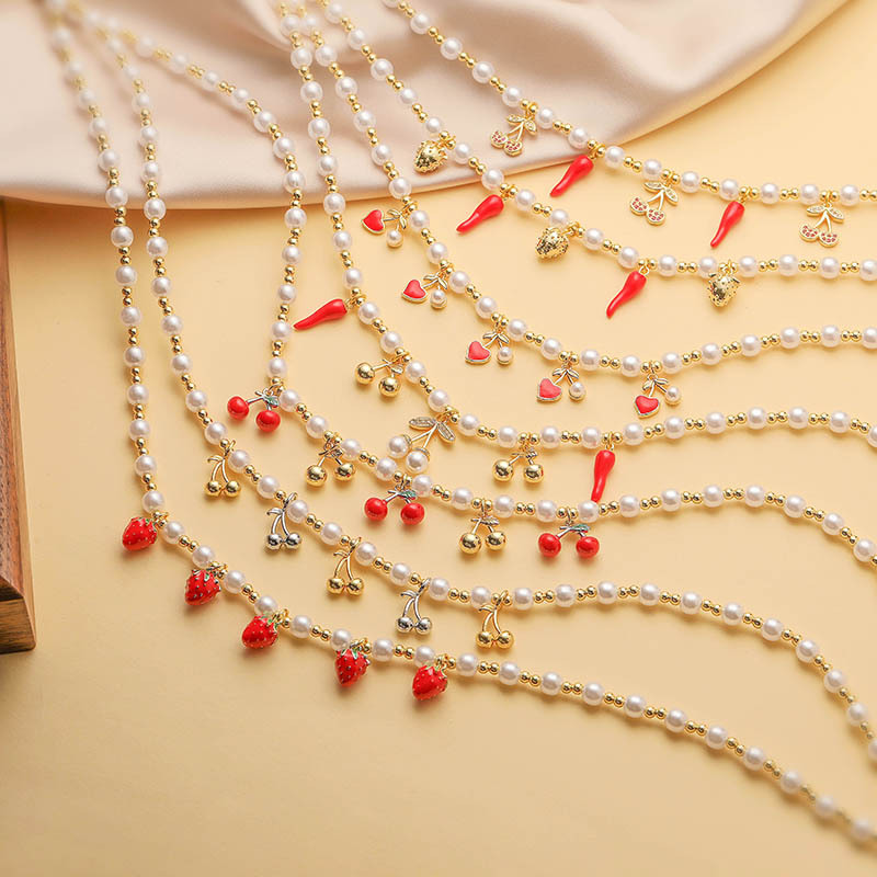 16g Weight Wholesale Jewelry Sweet Cherry Strawberry Copper Enamel Multi Charms Necklace