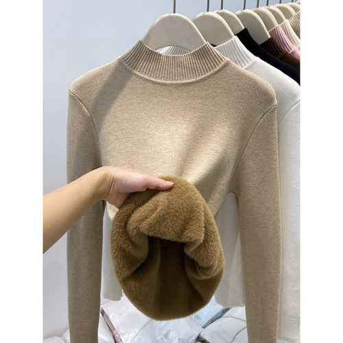 Winter One-Piece Fleece-Thickened Turtleneck Knitted Base Layer Top for Women—Warm Innerwear Korean-Style Soft and Fluffy Basic Sweater