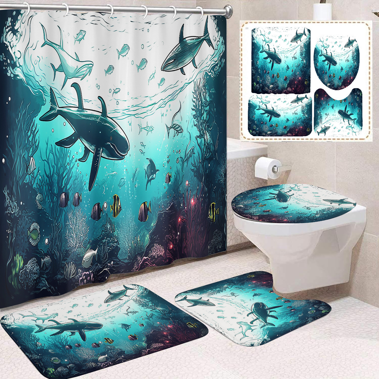Cortina de ducha transfronteriza con diseño de delfines azules, estampada digitalmente, de poliéster, sin perforaciones, para baño, decoración del hogar image 44