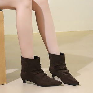 2887-1 Retro style slim heeled boots for children, versatile pleated pile boots, pointed suede short tube, fashionable t
