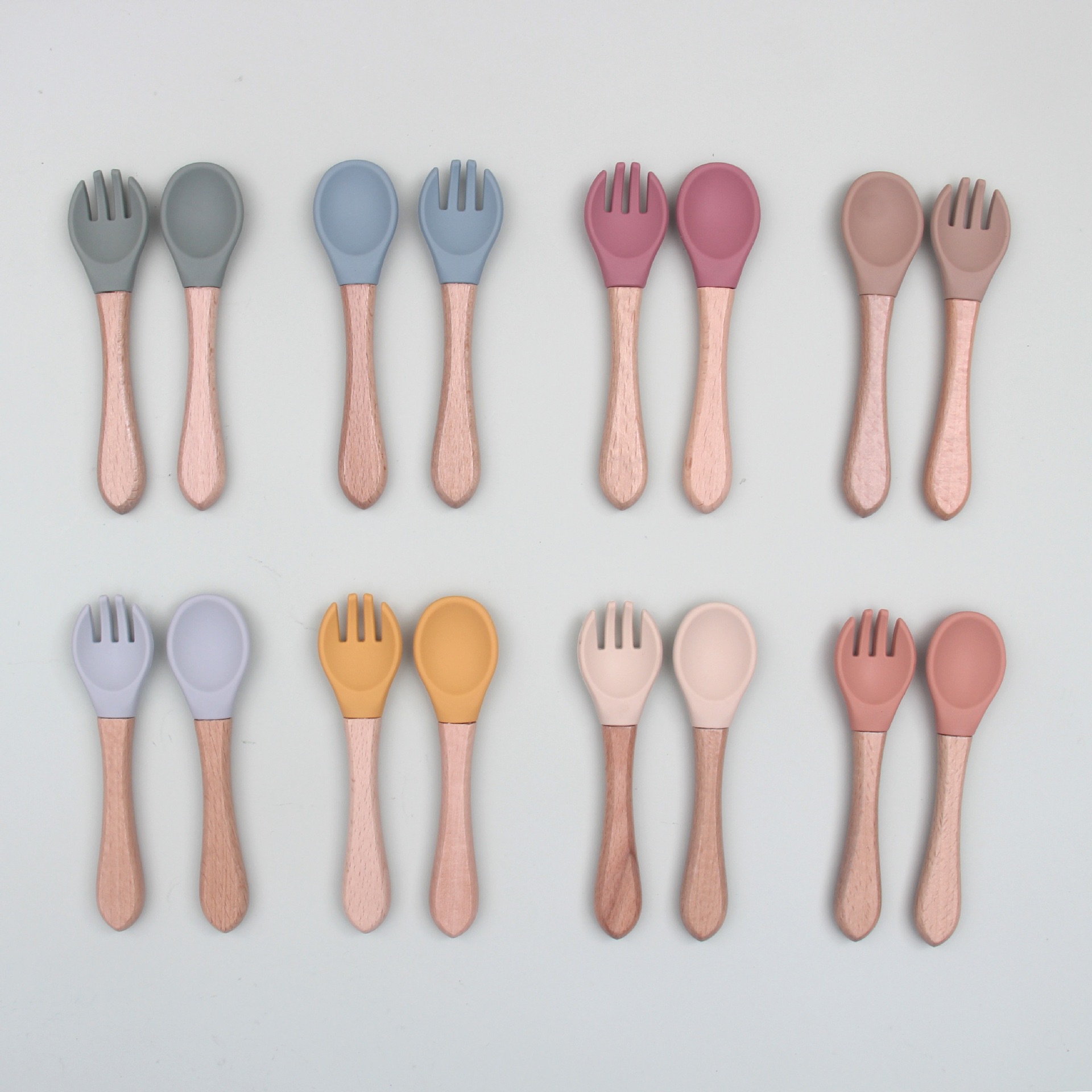 Cross-Border Hot Selling Food Grade Silicone Maternal and Infant Supplies Feeding Training Silicone Wooden Handle Fork Spoon Baby Feeding Spoon
