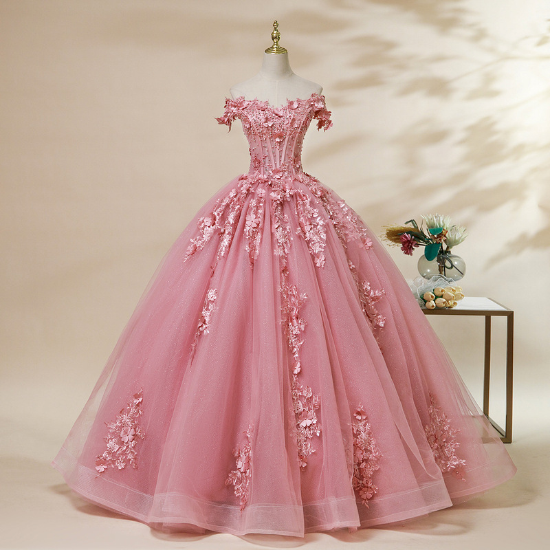 Cross-border European and American off-shoulder evening dress with three-dimensional floral embellishments, elaborate wedding dress, stage solo performance, art exam, annual meeting costume for women Cross-border European and American off-shoulder evening dress with three-dimensional floral embellishments, elaborate wedding dress, stage solo performance, art exam, annual meeting costume for women