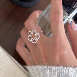 韩国大号花朵线条戒指女食指纯银轻奢小众设计时尚个性高级感夸张