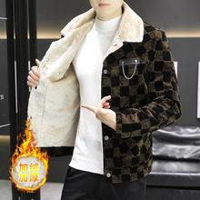 羊羔绒毛领短款小风衣加绒加厚毛呢大衣男冬季保暖呢子夹克外套