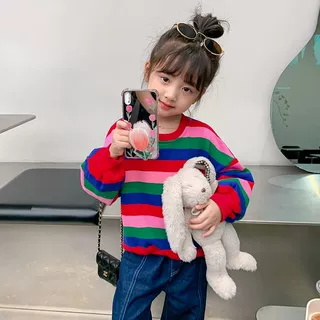 2025儿童女宝宝中小童春秋韩版百搭条纹彩色宽松长袖圆领卫衣外套