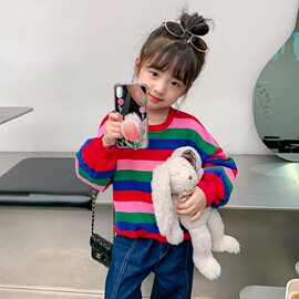 2025儿童女宝宝中小童春秋韩版百搭条纹彩色宽松长袖圆领卫衣外套