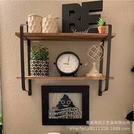 亚马逊铁艺置物架厨房实木墙上置物架铁艺支架收纳架