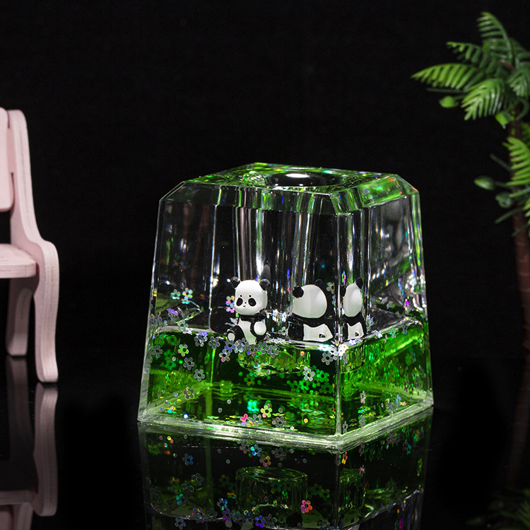Acrílico transparente panda gota de aceite reloj de arena líquido botella de arena flotante regalo de cumpleaños para niños decoración de escritorio de oficina