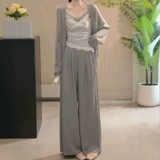 2026年慵懒风蕾丝吊带+开衫+阔腿裤女三件套松弛感气质显瘦套装