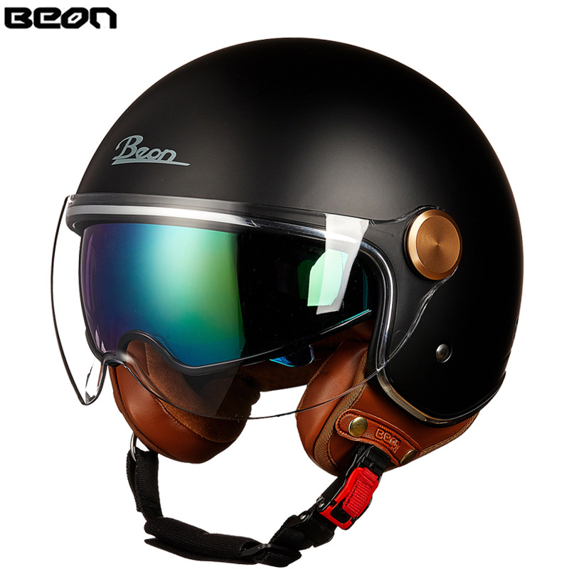 BEON casco de la motocicleta retro medio casco cuatro estaciones universal de los hombres y las mujeres del coche eléctrico de la motocicleta casco de doble lente