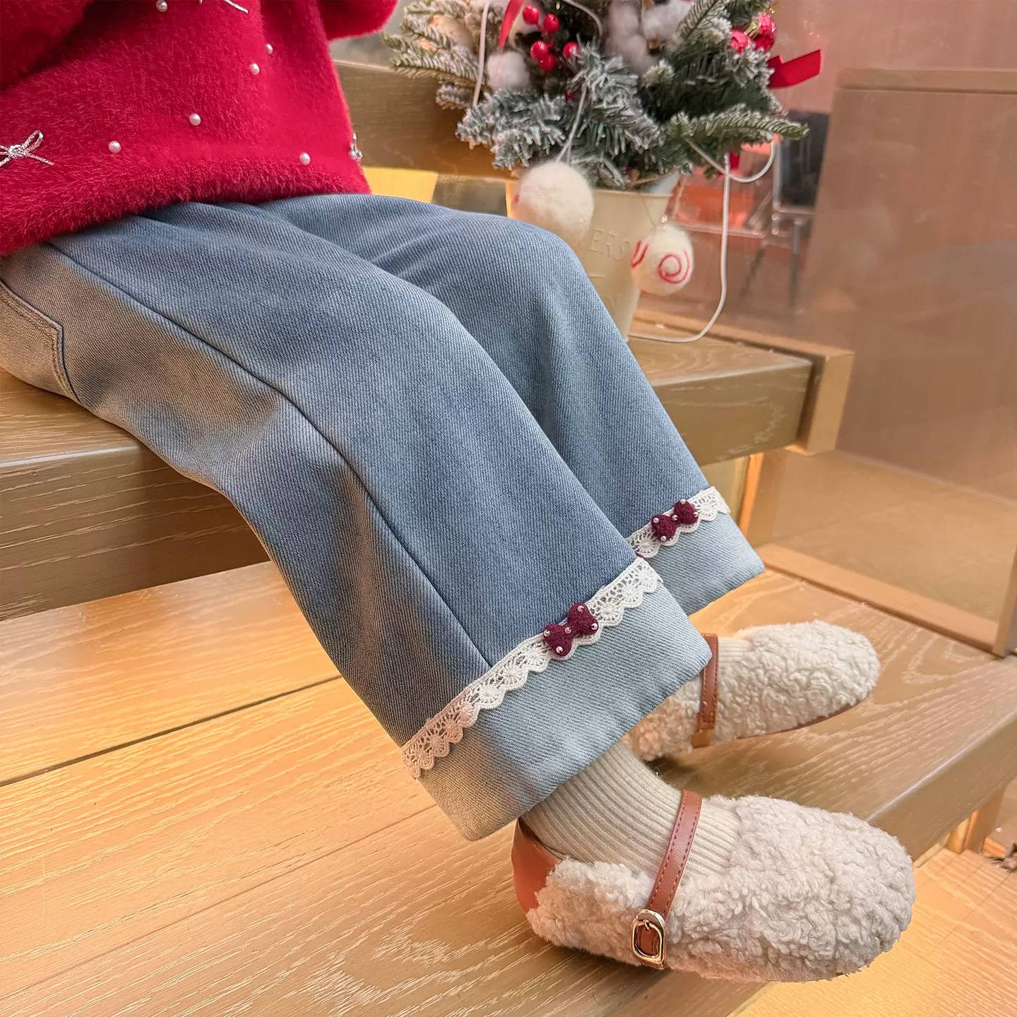 冬季新款儿童蝴蝶结加绒牛仔裤2025韩版女童洋气直筒裤童装代发潮