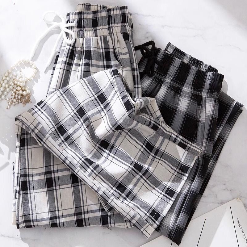 Black and White Plaid Pants for Plus-Size Women, Large Size Ice Silk Wide-Leg Pants, Summer Thin High-Waisted Loose Slimming Casual Straight-Leg Pants