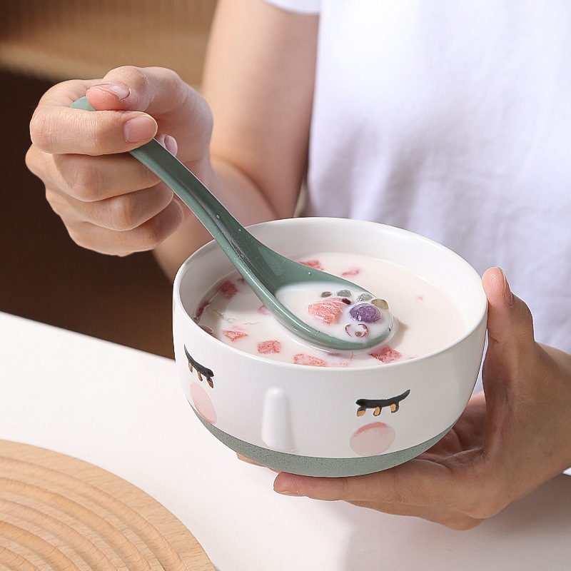 Yogurt Bowl with Cute Expressions, Ceramic Bowl Set, Creative and Personalized Household Sugar Water Bowl, Rice Bowl, Soup Bowl, Spoon Four-Piece Set
