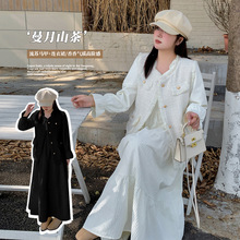 A0097轩辰春季新款胖MM法式马甲上衣纯色长袖连衣裙气质加肥套装