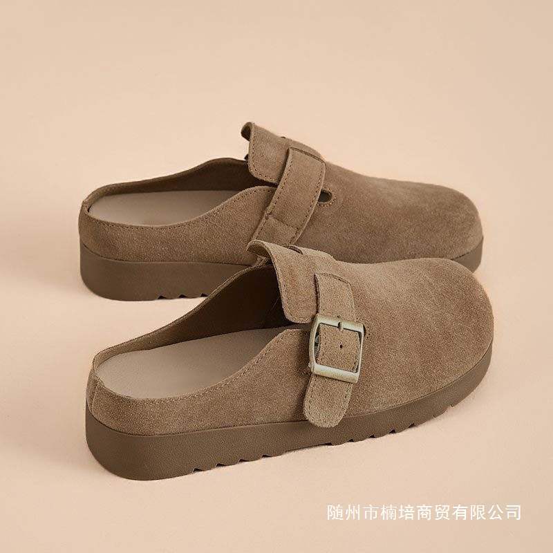 New Thick-Soled Slippers for Women to Wear Outside, Soft-Soled Wear-Resistant Anti-Slip Leather-Covered Pregnant Women's Soft-Soled Shoes Birkenstock Shoes Half-Pack Slippers for Women