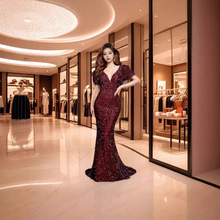 2025欧美新品时尚V领包臀亮片欧美连衣裙中腰灯笼袖长款晚礼服