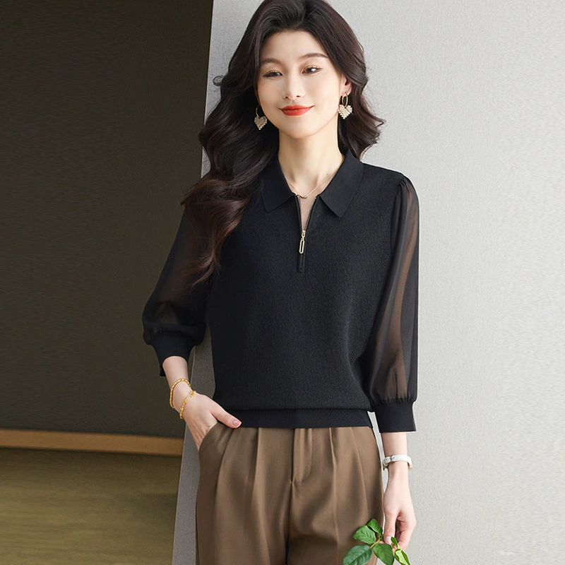 Design shiffon knitted spring sweater with zipper, thin T-shirt, trend of season