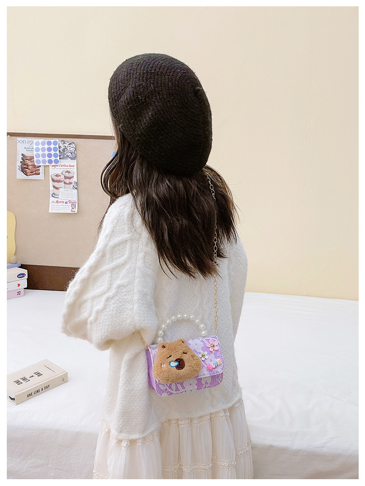 131g Weight Synthetic Leather Lining Material Lace Fashion Element Magnetic Buckle Closure Type Top Handle, Chain Strap Type Crossbody Bag Bags Type Daily Occasion Synthetic Leather, Polyester Material Kids Backpack Backpack Capybara Pattern All Seasons Season Kid'S Gender Cute Style Square Shape Kid'S Synthetic Leather Polyester Capybara Cute Lace Square Magnetic Buckle Crossbody Bag 4