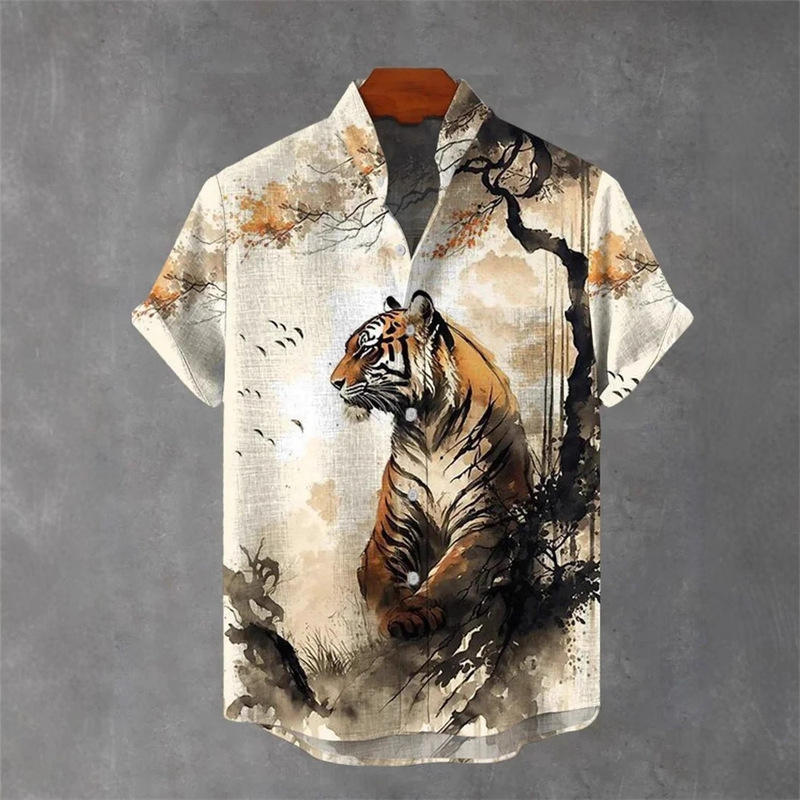 Cross-Border Independent Station Summer Aliexpress New Ferocious Tiger 3D Digital Printing Short-Sleeved Shirt Men's Shirt