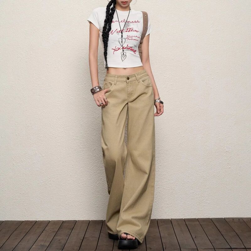 美式卡其牛仔裤女2025夏新款低腰辣妹复古拖地不贴腿显瘦微喇叭裤|undefined