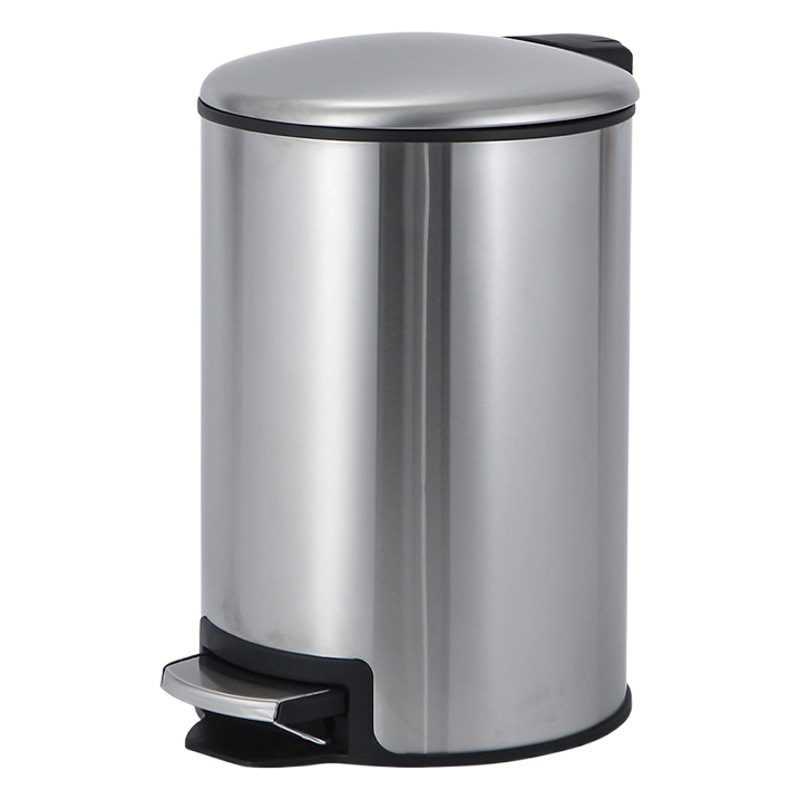 Cubo de basura de acero inoxidable para el hogar Cocina 90 ° Cubo de limpieza de tapa fija pedal redondo con tapa de caída lenta Cubo de cubierta de arco mudo