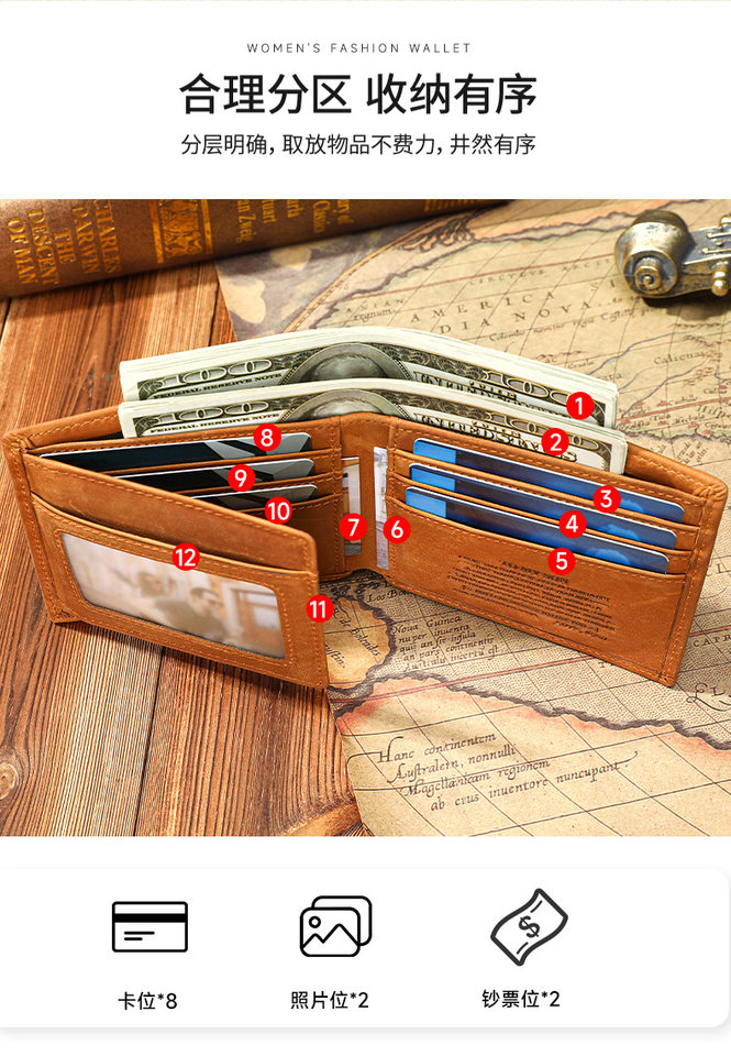 Ví nam da ngựa điên cao cấp nhiều ngăn đựng thẻ kiểu ví ngắn 11×1,5×9 cm — Màu nâu (MAMA) Tây Ban Nha, Màu nâu (MOM) tiếng Anh, Màu nâu (papa) Tây Ban Nha, Tiếng Anh màu nâu (DAD) chi tiết 15