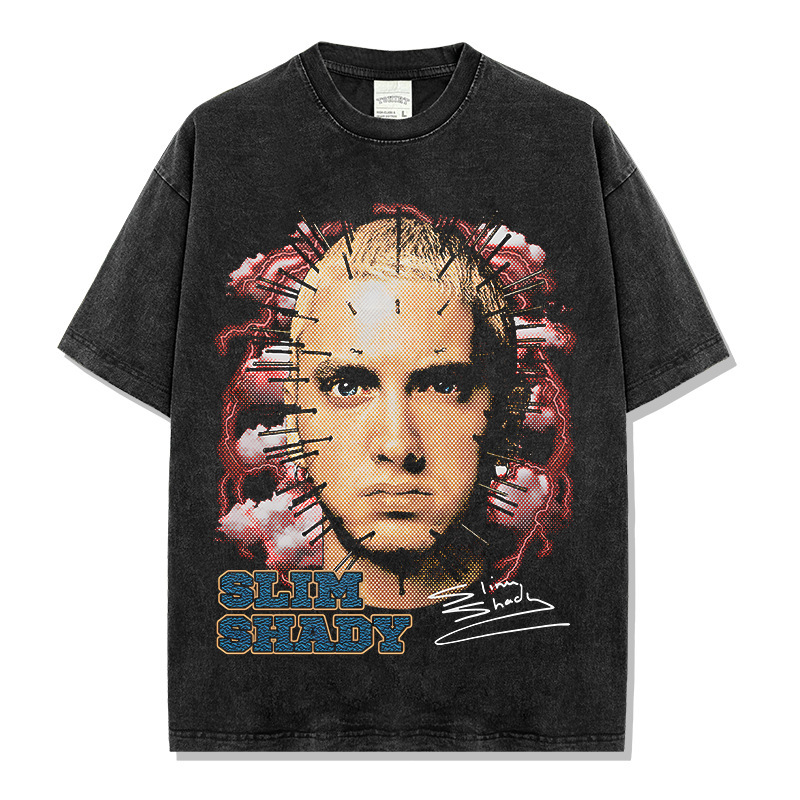 Cross-border American Retro Eminem Printed Short-sleeved T-shirt Washed Old Long-sleeved Loose Hooded Sweatshirt for Men