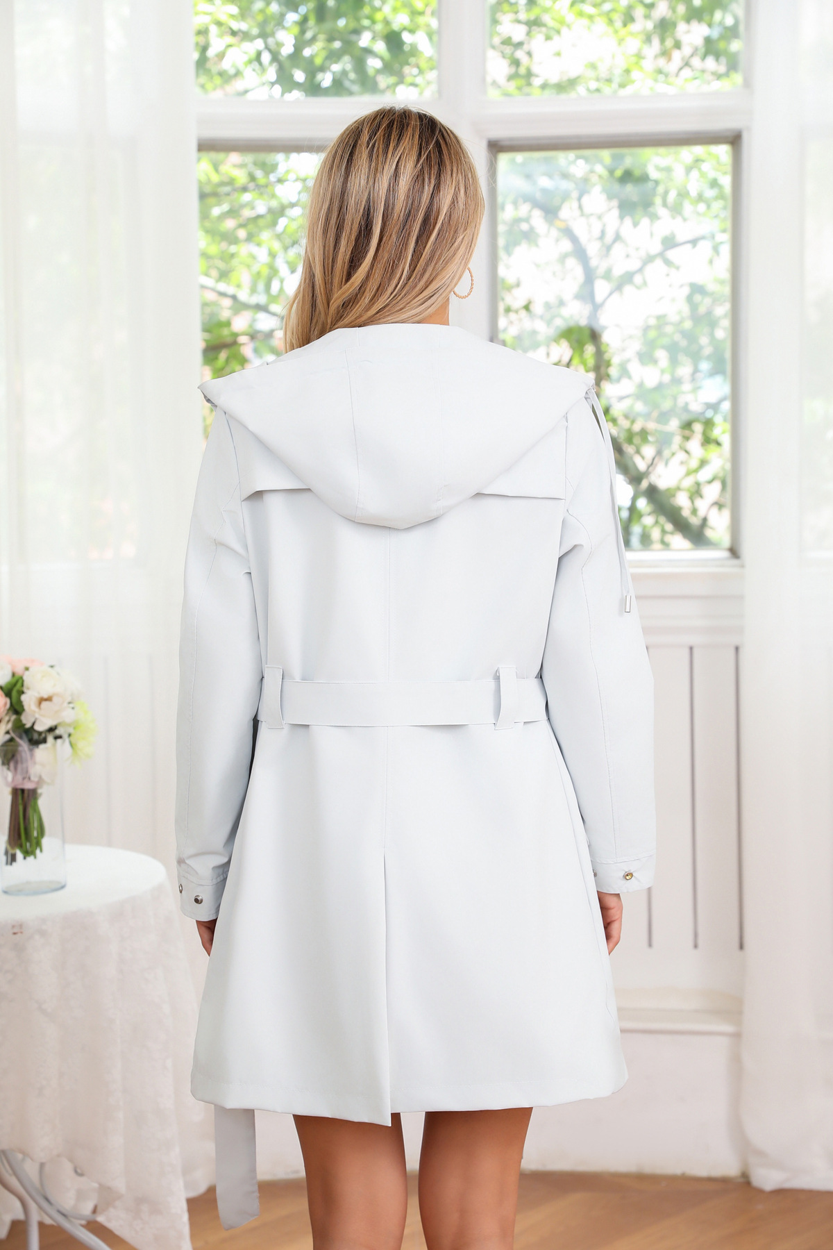 Women's Clothing Spring and Autumn Hooded Water Repellent Jacket with Belt Thin Casual Loose Windbreaker _voghion.com