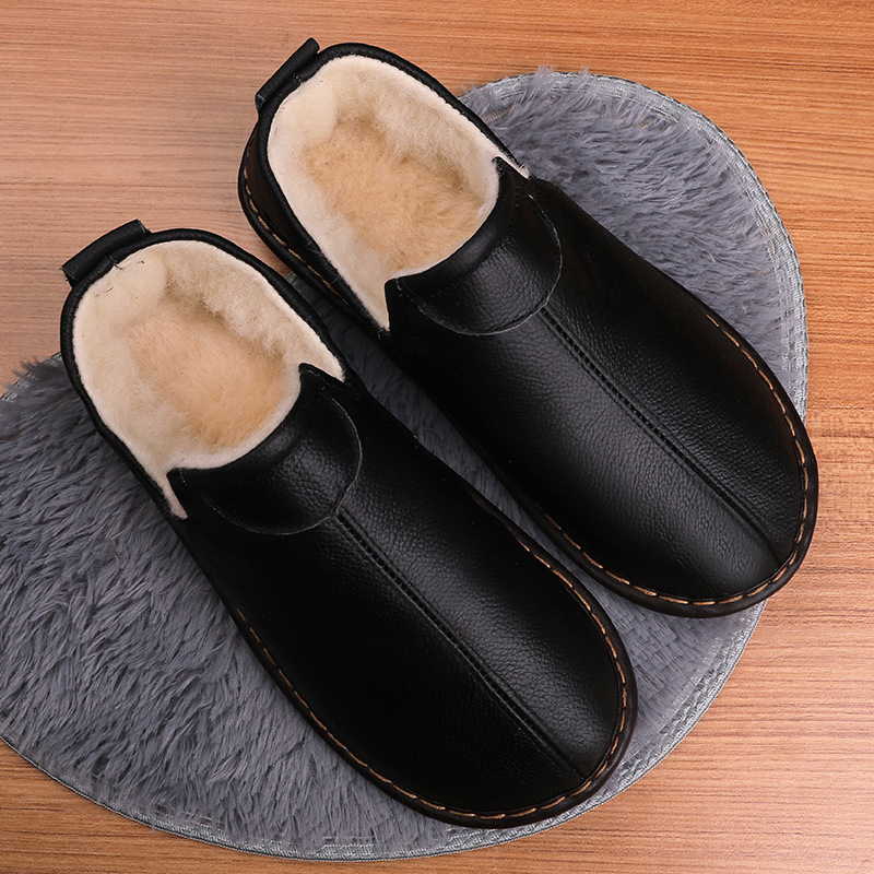 Autumn and Winter Genuine Leather Cotton Slippers Women's Bag Heel Thick-soled Wool Interior Household Foot Bag Indoor Home Non-slip Warm-keeping for Men