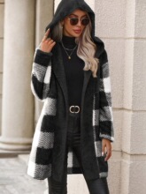 H 20614 Plaid Hooded Fleece Cardi ��yƴɫ�Bñë�q�_����