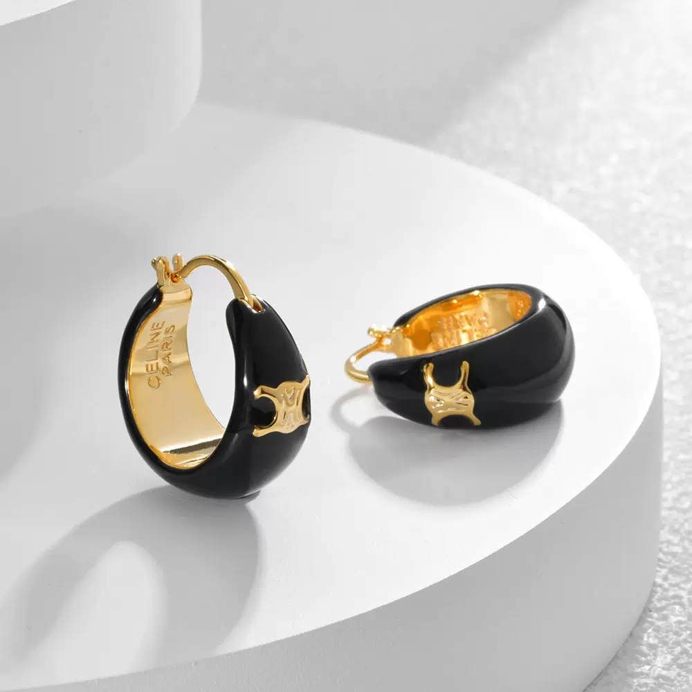 法式凯旋门黑色滴油耳环耳扣铜镀22K金轻奢高级感气质百搭耳饰品